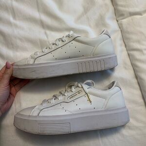 adidas Women’s White Platform Sneakers with Gold Accent